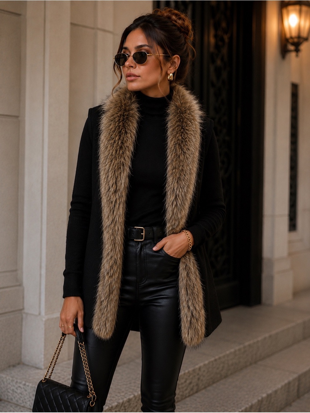 Black Vest with Faux Fur Trim
